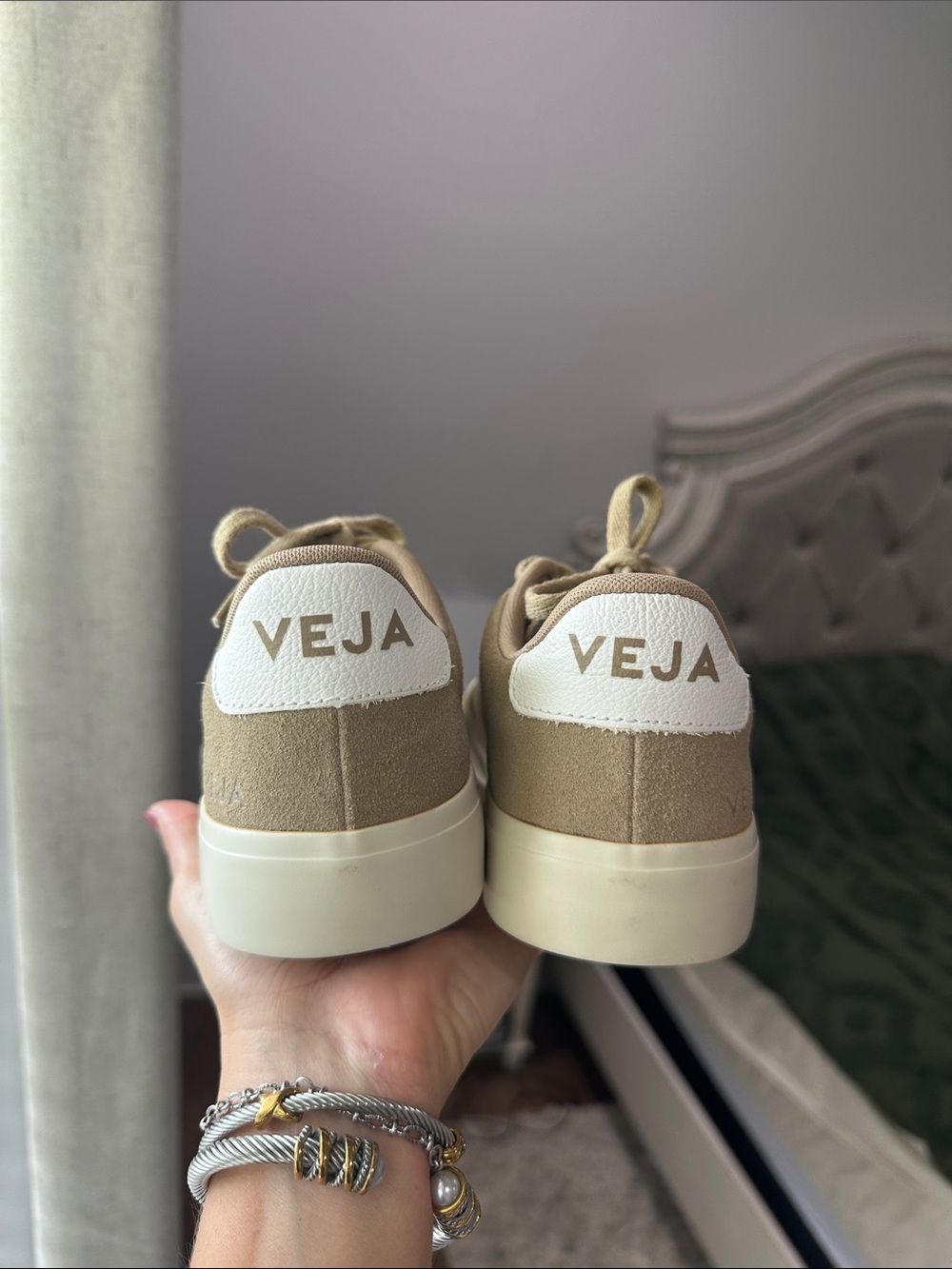 Veja Beige Suede Sneakers with White V Accent - Picture 4 of 5